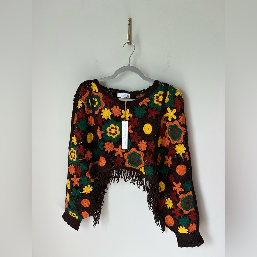 House of harlow 1960 brown fall Floral Crochet Fringe Shrug